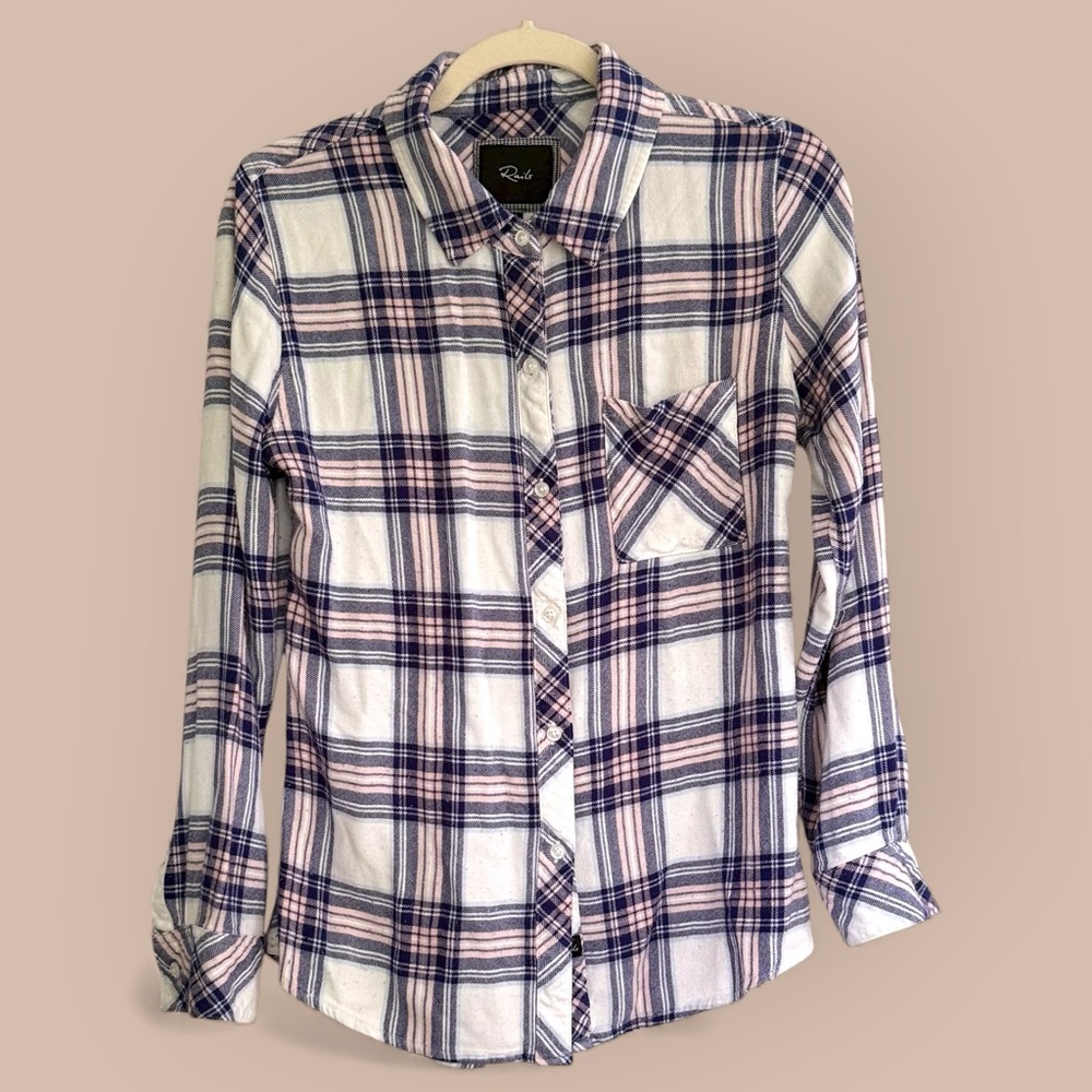 Rails Hunter Plaid Flannel Shirt XS | Pink Navy Blue White Button Down Rayon